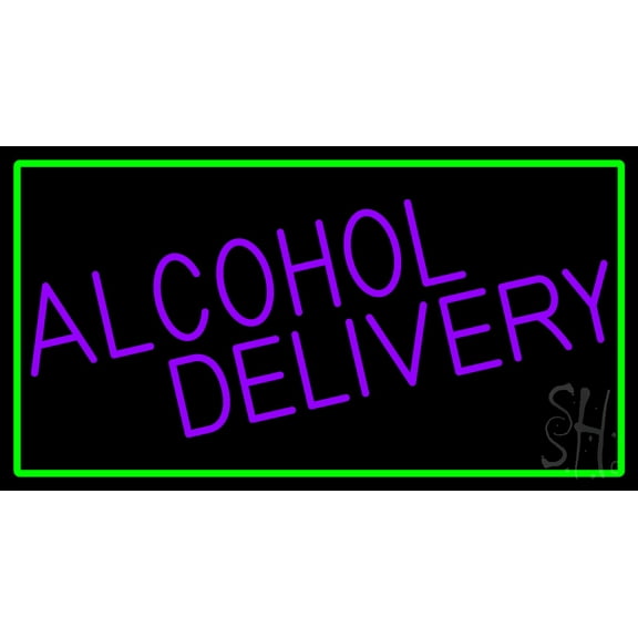 Purple Alcohol Delivery With Green Border LED Neon Sign 13 x 24 - inches, Clear Edge Cut Acrylic Backing, with Dimmer - Bright and Premium built indoor LED Neon Sign for restaurant decor.