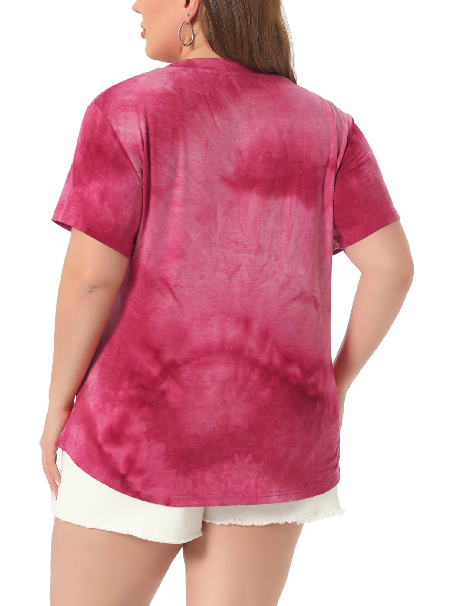 DARING DIVA Women's Plus Size V Neck Short Sleeve Tie Dye Tunic Top 2X Burgundy