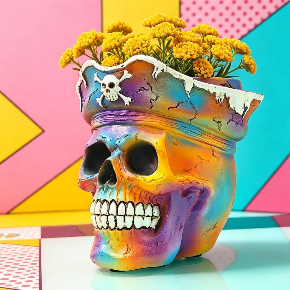 Pirate Skull Planter Flowerpot with Drainage Hole for Gothic Home Decor