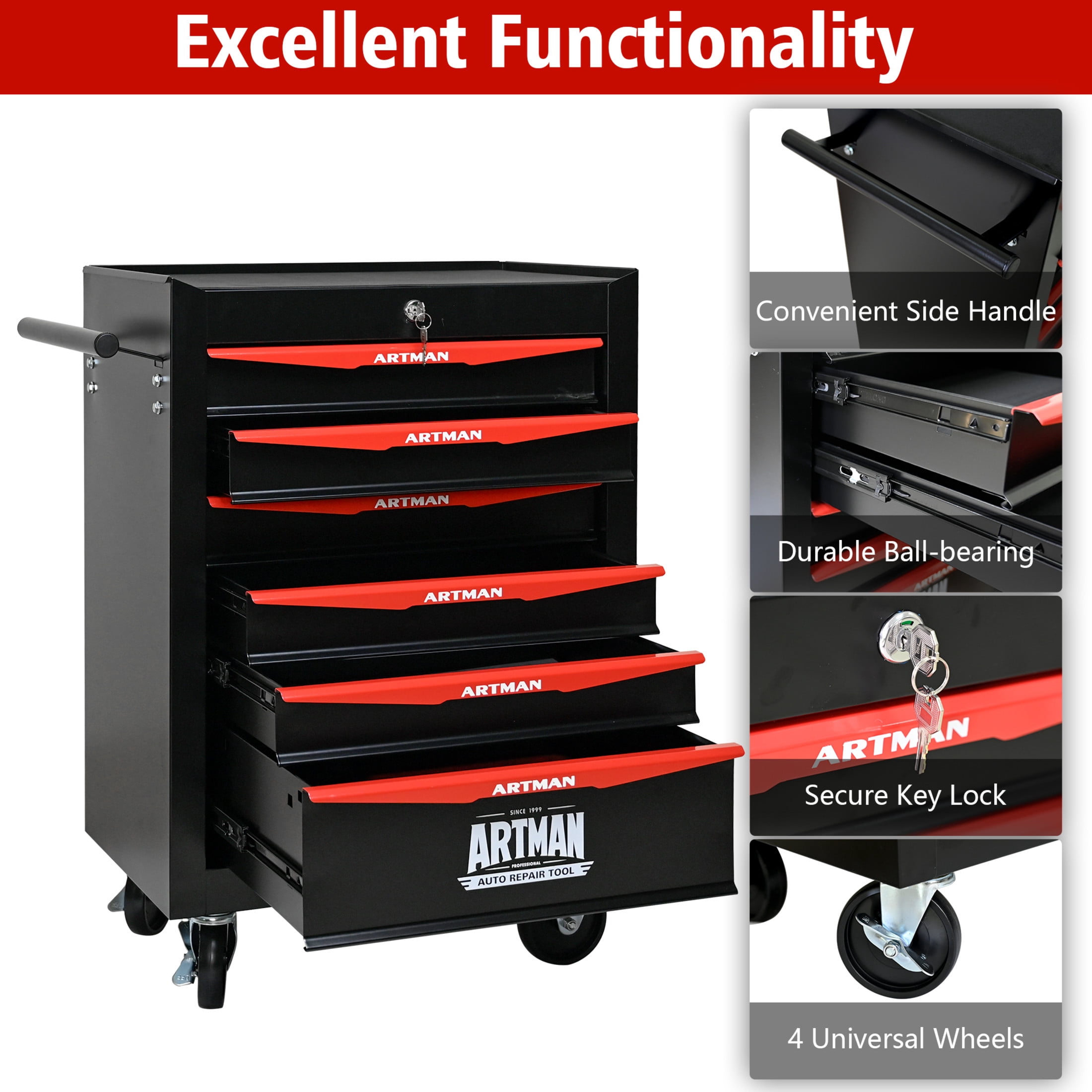 Noble House 6-Drawer Mobile Steel Tool Organizer with Key Lock, Ball Bearing Slide Storage Cabinet Box, Black