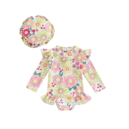 

Infant Baby Girl Swimsuit One-Piece Long Sleeve Rash Guard with Hat Set Flower Zipper Bathing Suit