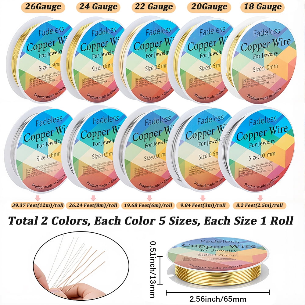 10 Rolls 10 Styles Round Copper Jewelry Wire Long-Lasting Plated Mixed Color 0.4~1mm 1 roll/style