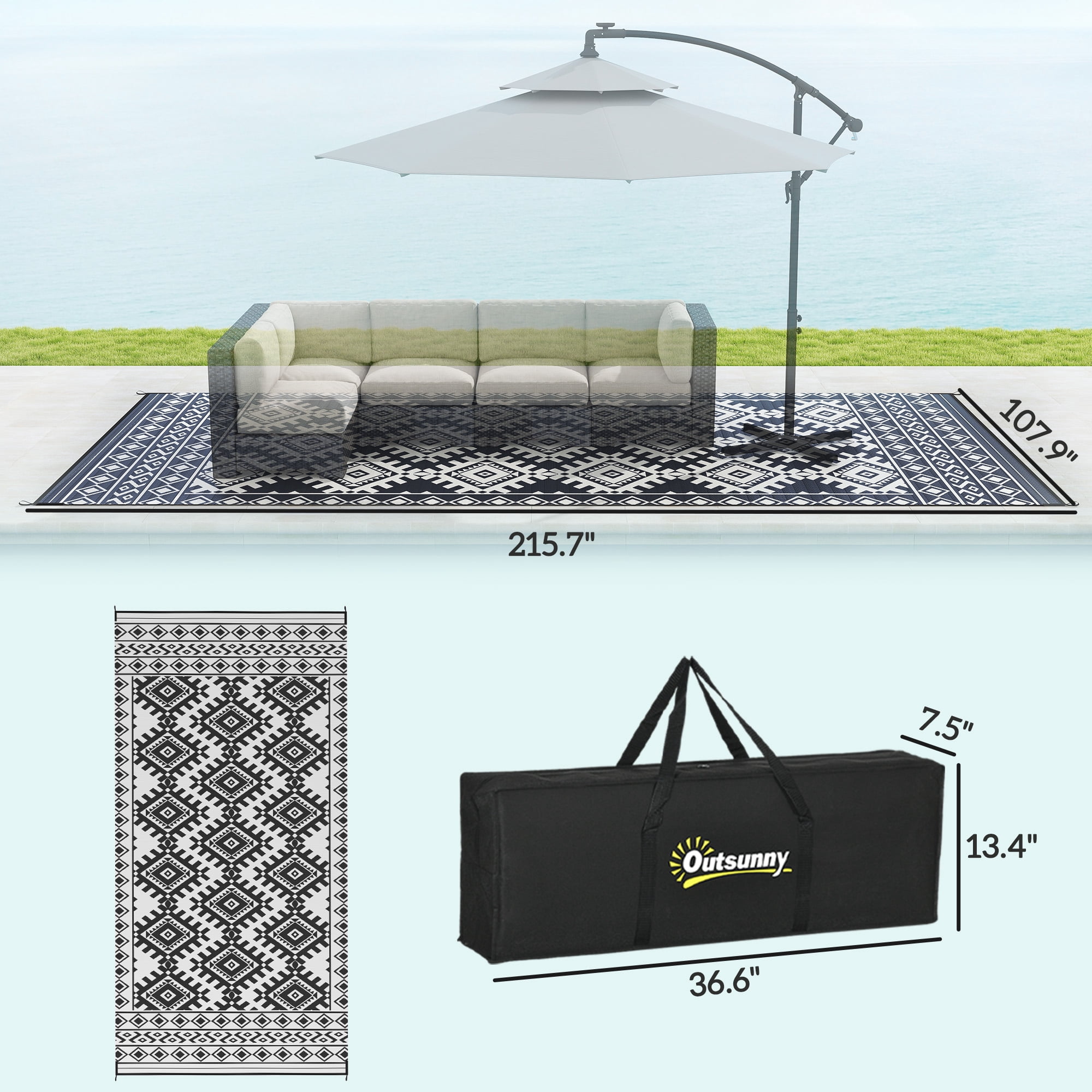 Outsunny Outdoor Patio Rug, Large Camping Carpet with Carrying Bag, 9' x 18' Waterproof Plastic Straw, Reversible, Black & White Rhombus Border