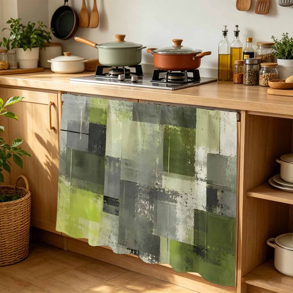 Chartreuse Block Cabinet Curtains for Kitchen 35"W x 35"L, Abstract Minimalist Olive Wash Ink Splatter Laundry Sink Cabinets Magic Tape Short Curtain Privacy Panel for Bathroom Vanity Cabinets