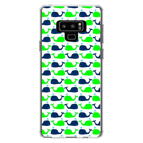 DistinctInk Clear Shockproof Hybrid Case for Samsung Galaxy Note 9 - TPU Bumper, Acrylic Back, Tempered Glass Screen Protector - Green Navy Cartoon Whales - Cartoon Whales