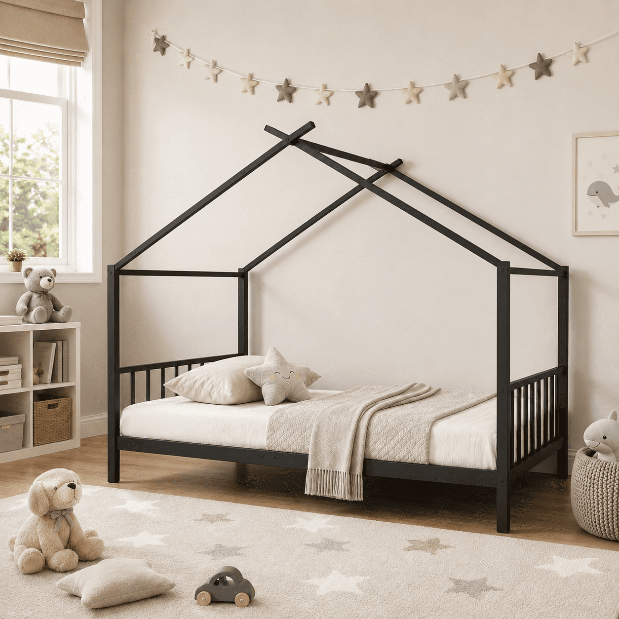Aukfa Full Size Metal House Bed, Montessori Floor Bed for Kids
