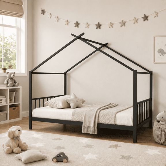 SESSLIFE Twin House Bed Frame Black, Twin Floor Bed with Roof Frame, Montessori Style Metal Platform Bed with 18 Slats, No Box Spring Needed, 350 lb Support