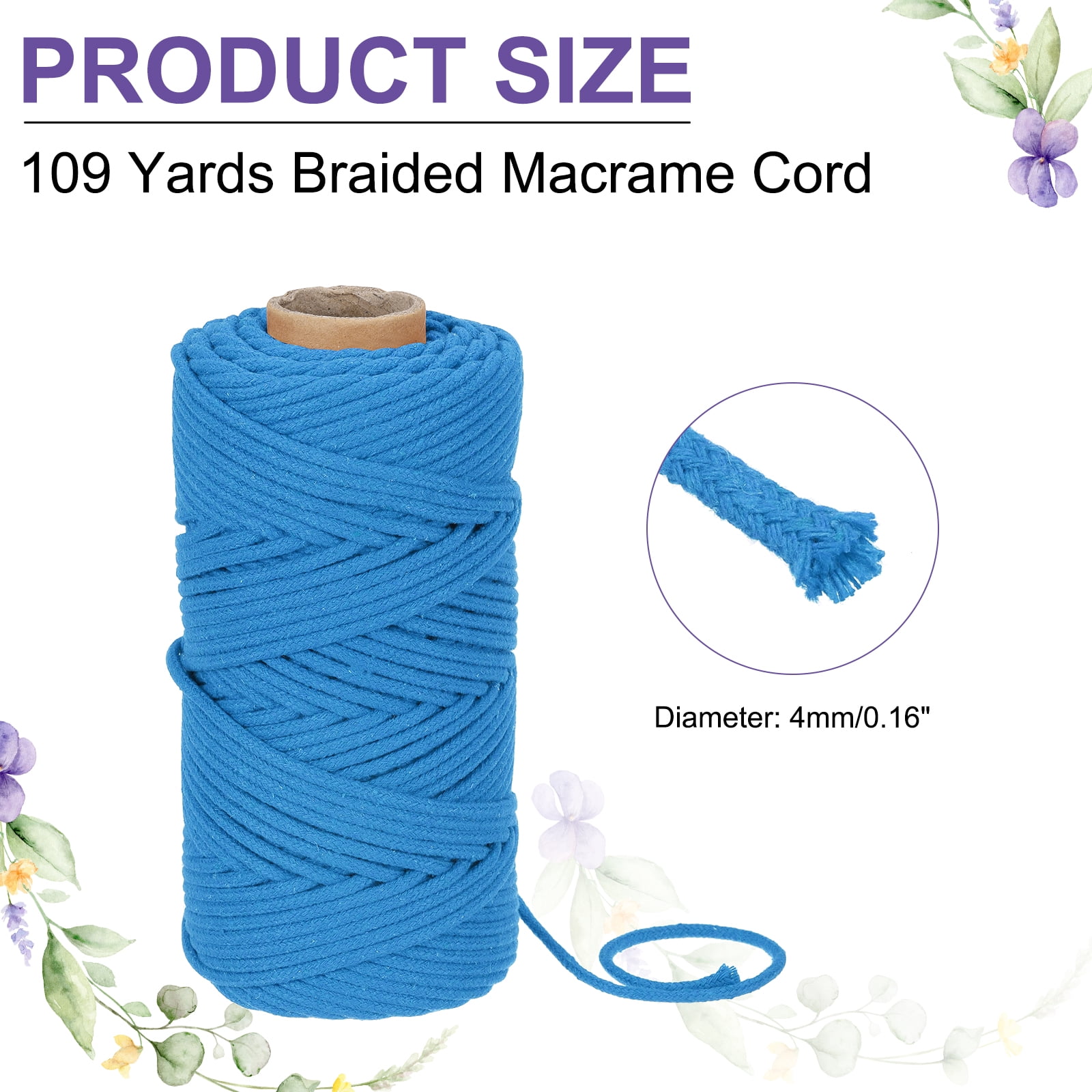 Braided Macrame Cord, 4mm x 109 Yards Natural Cotton Rope Macrame Yarn Bohemia Craft String with Scissors(Cyan)