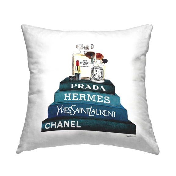 Stupell Industries Blue Fashion Makeup Accessories On Glam Books Design by Amanda Greenwood Throw Pillow