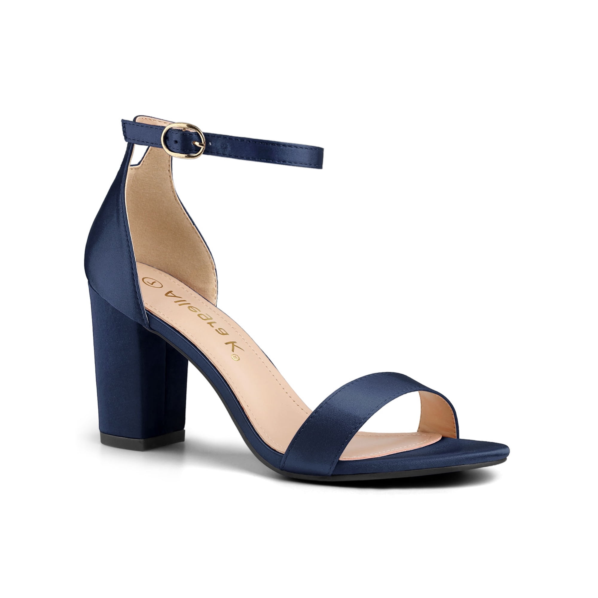 BLISSFUL STEP Women's Shoes Ankle Strap Buckle Block Heel Sandals Navy Blue 