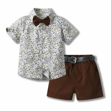 

Summer Savings Clearance 2023! Loopsun Boys Suit Lapel Short Sleeve Printing Shirt and Shorts Suit with Belt Tie Coffee