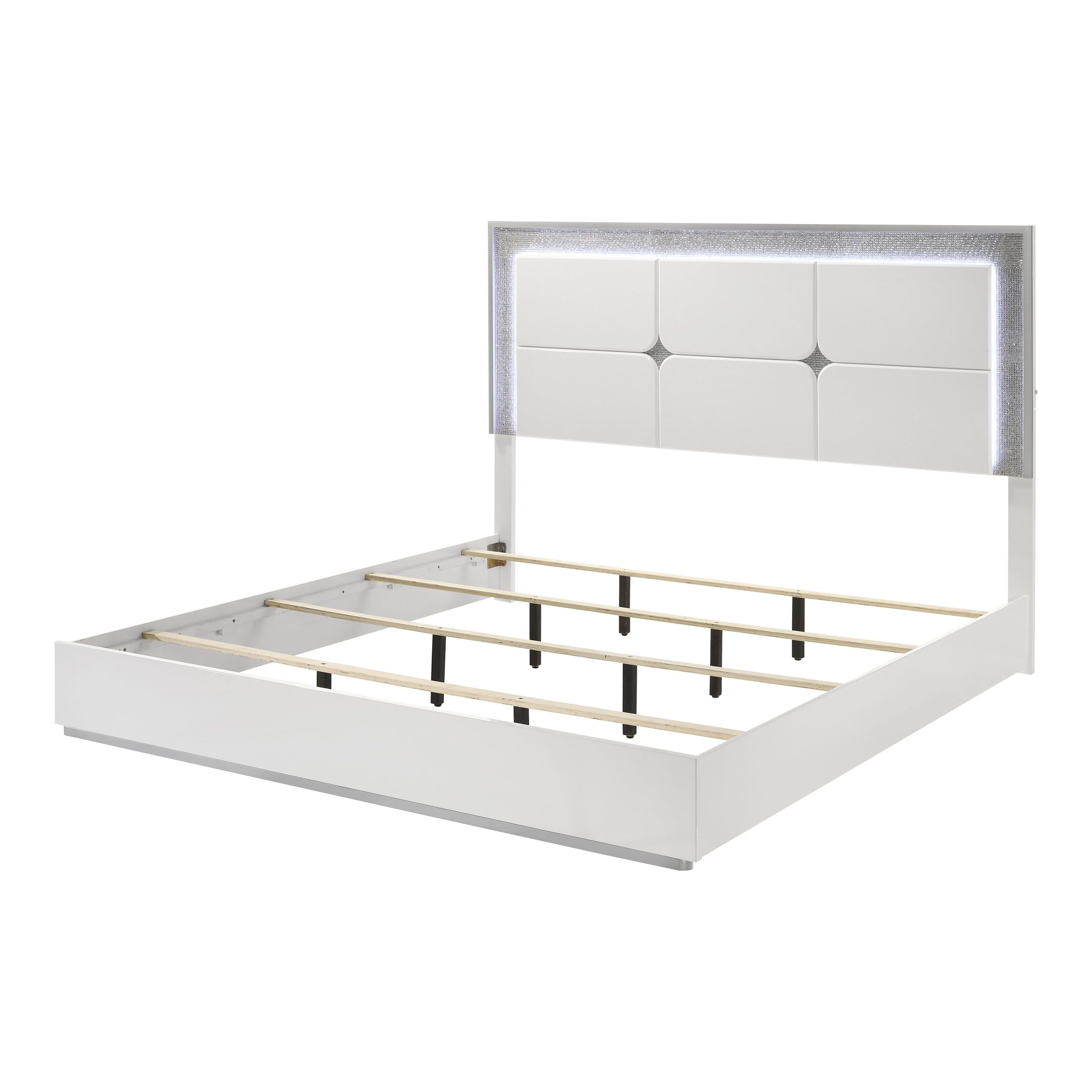 Furniture of America Wellan Adult King Solid Wood Panel Bed with LED Light, White