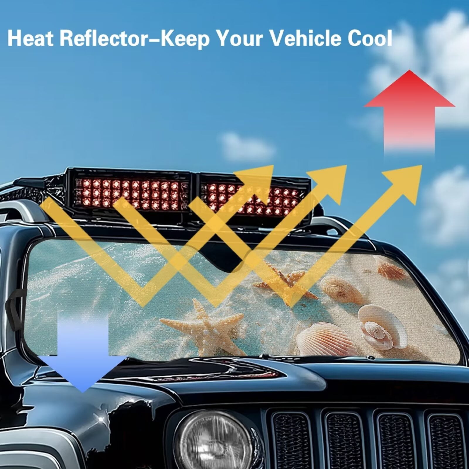 Binienty Car Front Windshield Sun Shade for Jeep Wrangler Rubicon/Sahara 2007-2025 Sun Visor for Car Windshield Foldable UV Ray Protector Sunshade for Jeep Wrangler Accessories, Beach Starfish Conch