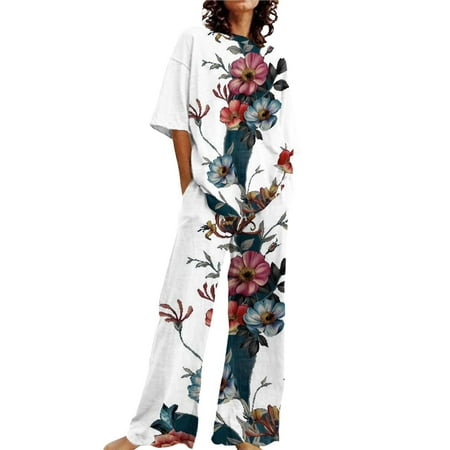 Chuancc 2 Piece Pants Set For Women Short Sleeve Pajamas Athleisure Sets Women Leisure Wear Sets For Women Lounge Sets For Women Two Piece Lounge Sets For Women Comfy Sets For Women Clothing White 3XL