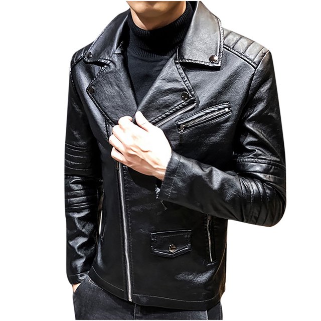 chaqueta de piel sintética con cremallera de color sólido a la moda de otoño primavera y otoño para hombre pompotops oipoqjl13952 Chaqueta negro estilo biker, vista frontal 3/4 con cierre de cremallera diagonal y solapas con broches; bolsillo de cremallera en el pecho, bolsillos frontales con solapa y mangas largas con paneles acolchados en los codos. Según la ficha, forro aterciopelado y ajuste a la talla real; adecuada para ocasiones casuales y de fiesta y como capa ligera para viajes.