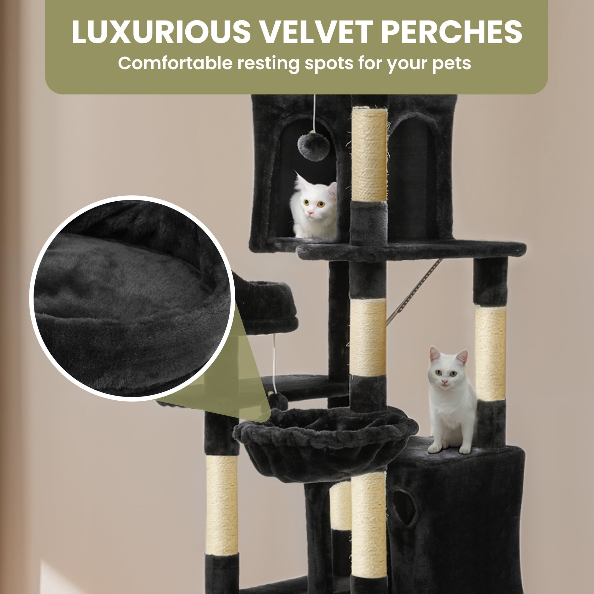 Uforic 75" Cat Tree for Large Cats Multi Level Play Tower Condo with Scratching Posts, Top Perches, Hammocks, Black