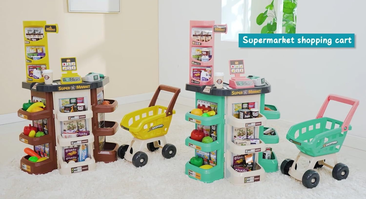 Supermarket Set 47-Piece Pretend Grocery Playset with Cash Register and Trolley
