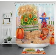 HVEST Fall Scarecrow Shower Curtain, Watercolor Farm Sunflower Floral Bird and Autumn Harvest Pumpkin Shower Curtain for Bathroom, Polyester Fabric Bath Curtain with Hooks, 72X72 inch