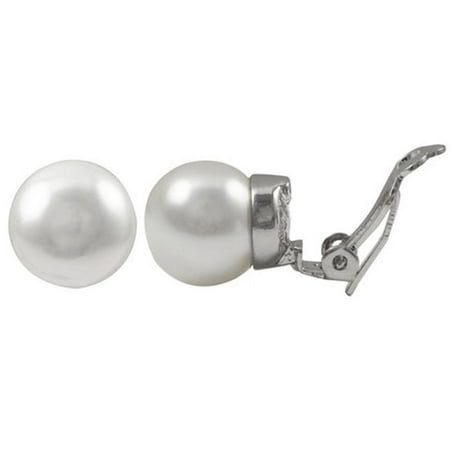 - White 12 mm Shell Pearl & Rhodium Plated Stud Clip on Earrings