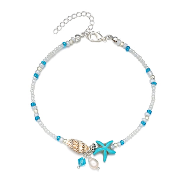 Pulsera De Tobillo Tobilleras Con Cuentas Pulsera De Tobillo Con Cuentas Pulsera De Tobillo De Estrella De Mar Tobilleras De Playa Pulsera De Tobillo De Mujer Concha Ajustable De ANGGREK Azul