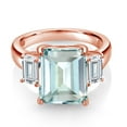 thumbnail image 2 of Gem Stone King 18K Rose Gold Plated Silver 3-Stone Ring Octagon Sky Blue Simulated Aquamarine and Moissanite (6.55 Cttw, Size 7), 2 of 3