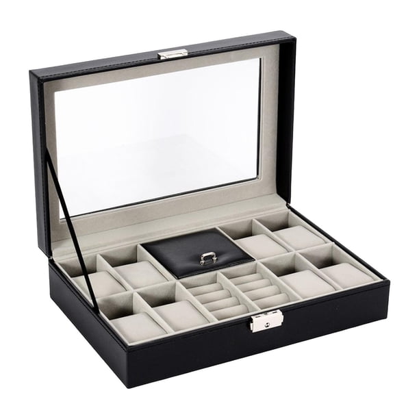 Caja para Relojes, Organizador de Joyas Negro, Soporte de Viaje con Tapa de Vidrio Joyero Vitrina para Relojes de Pulsera Joyas