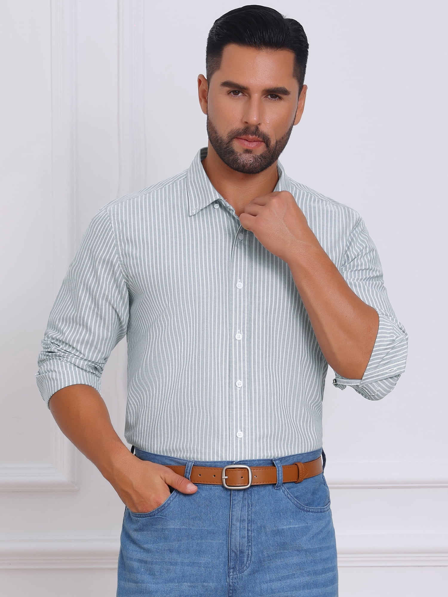 DARING DIVA Men's Stripes Long Sleeved Button Down Business Dress Shirts M Gray