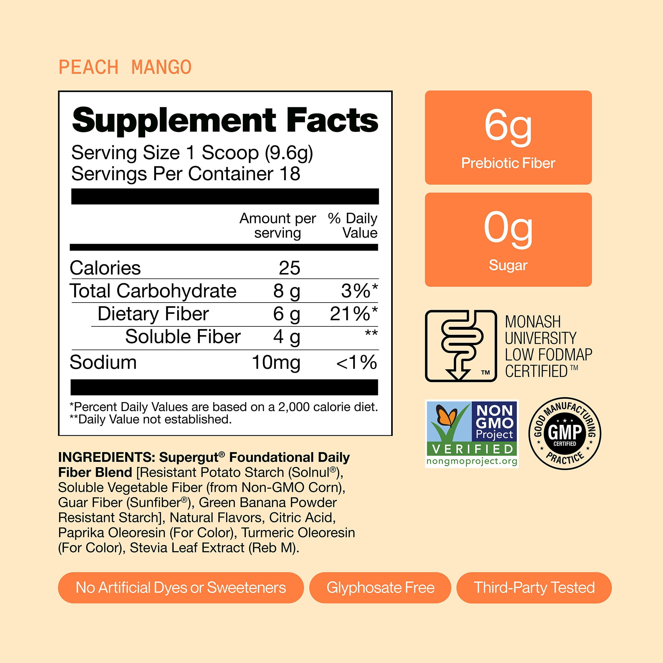 Supergut Foundational Daily Fiber Peach Mango Prebiotic Fiber Blend for Gut & Digestive Health, 6.1 oz, 18 Servings