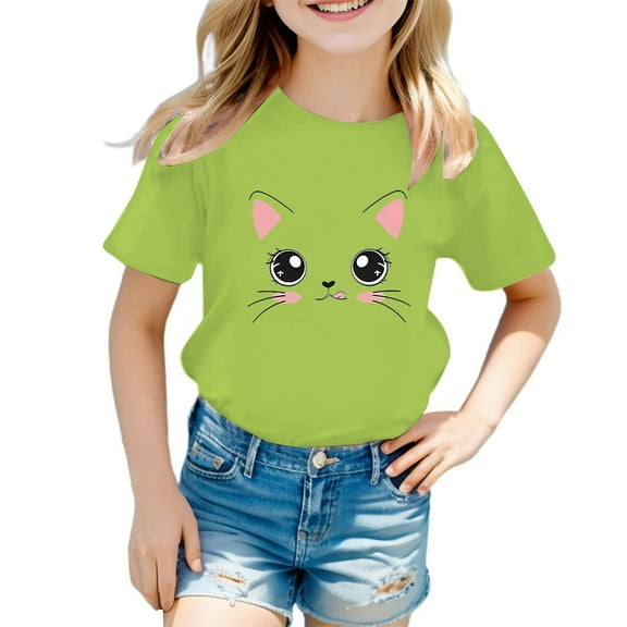 Kiijoy Big Girls T Shirt Cute Cat Print Short Sleeve Cotton T-Shirt Children's Casual Tshirt