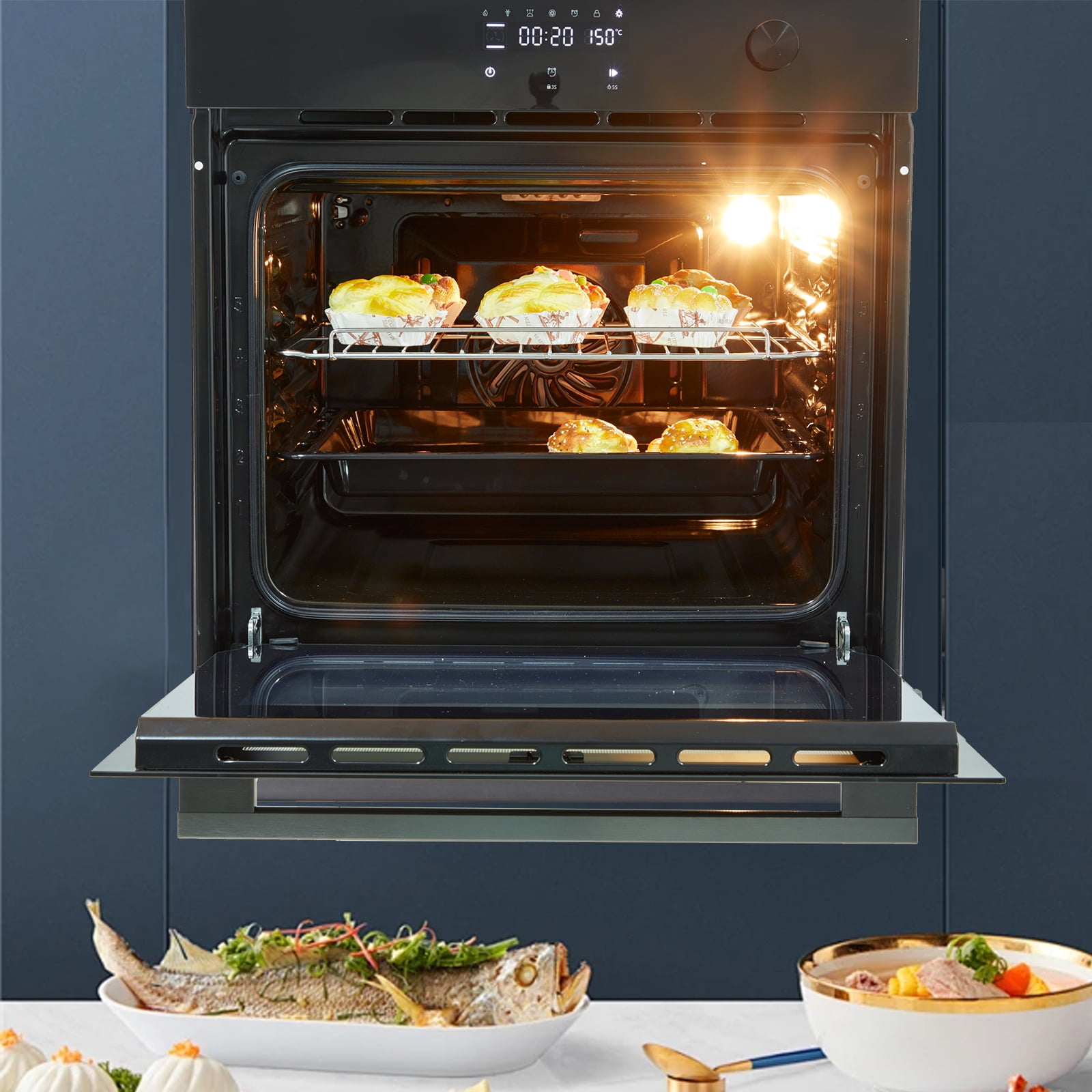 Garveehome Single Wall Oven, 24 Inch Electric Wall Oven with 8 Cooking Modes, 3000W 2.5Cu.Ft Built In Electric Oven with Touch Control, Timer, Triple Layer Glass Door for Kitchen