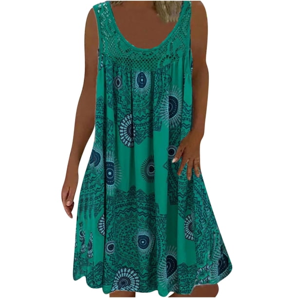 ICHUANYI Clearance Fashion Women Summer Casual Round-Neck Not Positioned Floral Print Sleeveless Dress(Green, XL) ICHUANYI WER2023081016638