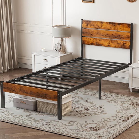 Twin Size Bed Frame, Metal Bed with Headboard, 700LBS Heavy Duty Mattress Foundation with Steel Slats Support, No Box Spring Needed, Noise Free