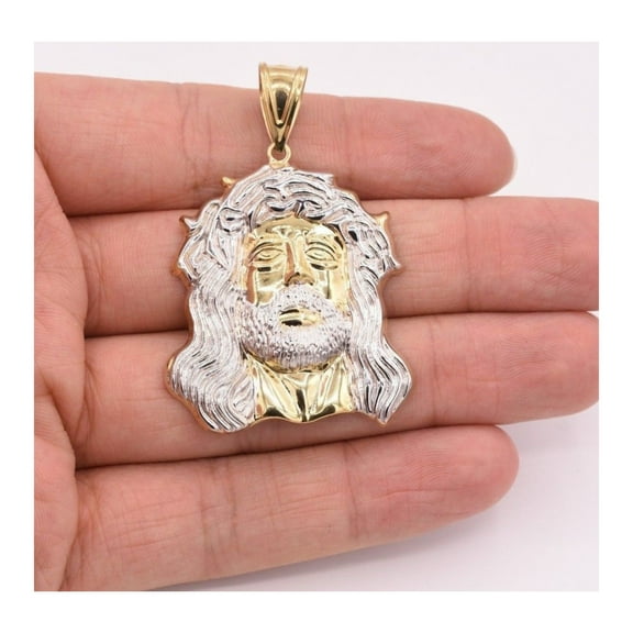 2 1/4" Diamond-Cut Huge Jesus Unisex Adult Pendant 10K Two-Tone Gold 6.15 Gr, GOLDUM NYC