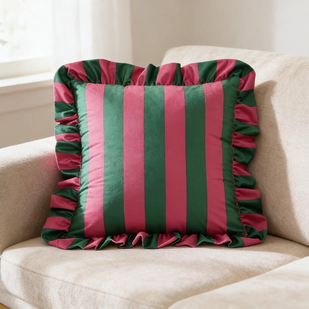 Cojín decorativo de terciopelo a rayas con volantes y tacto suave – Funda de cojín decorativa para sofá, sillón, dormitorio y sala de estar | Accesorio para el hogar resistente a las arrugas