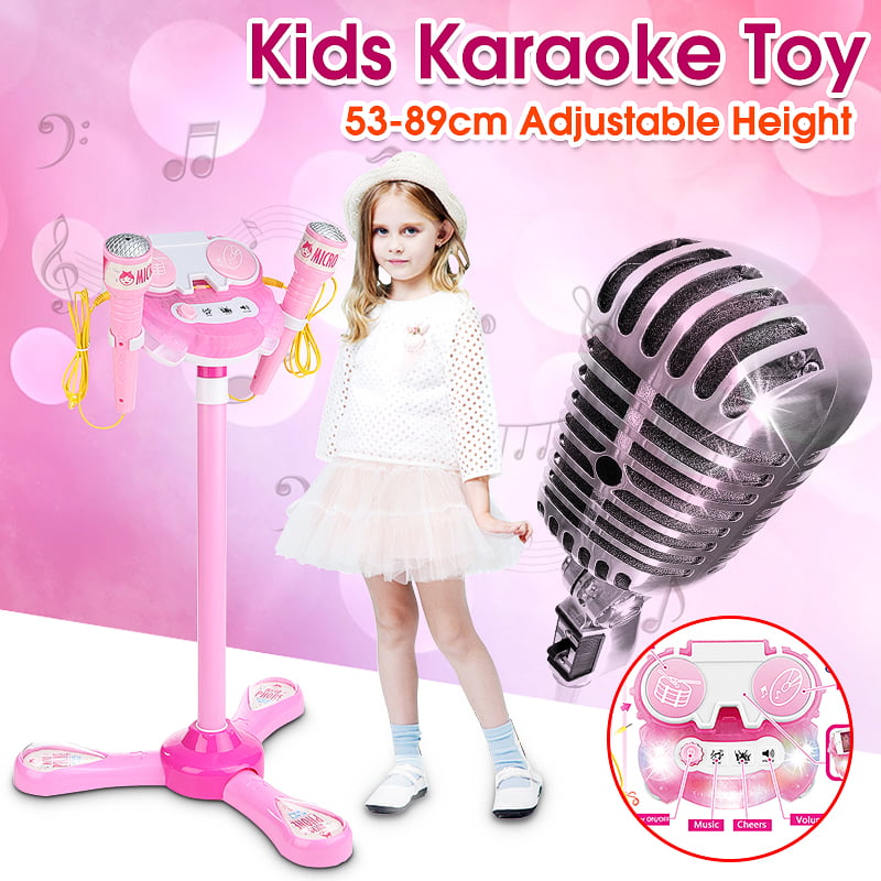 KIDS GIRLS KARAOKE MICROPHONE ADJUSTABLE STAND LIGHT MUSIC CONNECT PHONE GIFT 