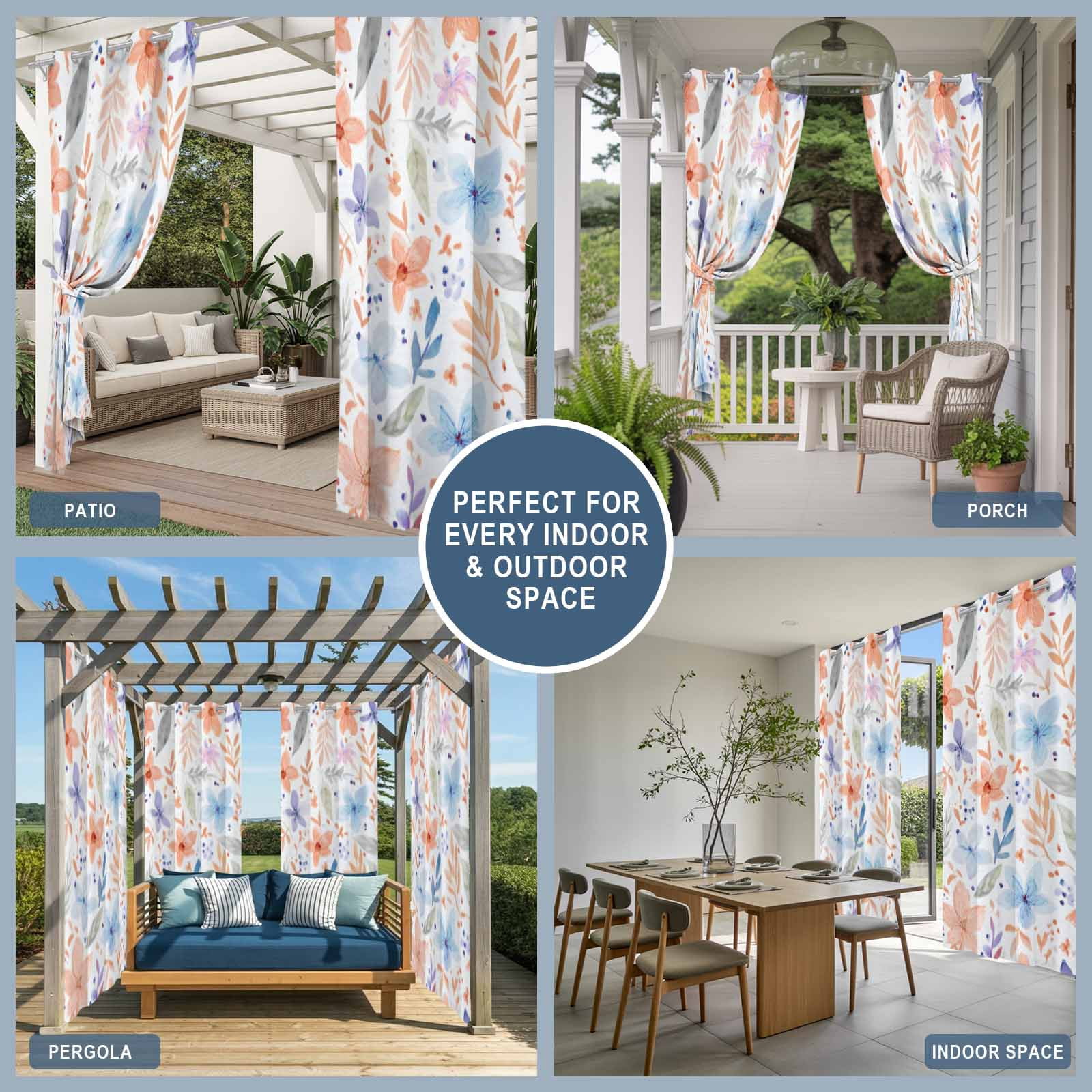 Blue Pink Floral Outdoor Curtains for Patio, Boho Light Blue Pink Flowers Leaf Sunshade Privacy Drapes Grommet Waterproof Outside Curtains for Porch/Cabana/Balcony 54"x 108", 1 Panel