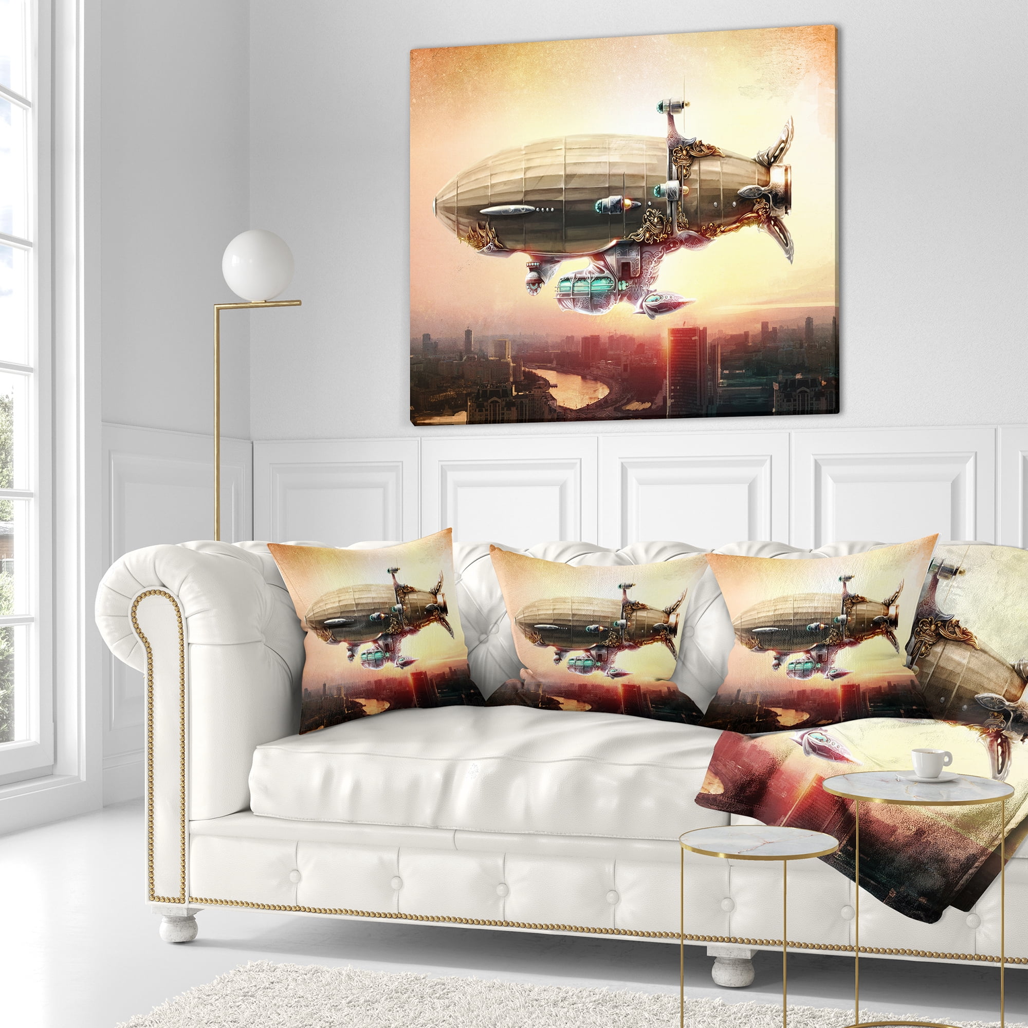 Designart Dirigible Balloon in Sky over City - Abstract Throw Pillow - 16x16