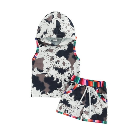 

Sunisery Newborn Baby Boy Girls Clothes Set Cow Print Sleeveless Hooded Tank Tops with Pocket Shorts Outfits White 18-24 Months