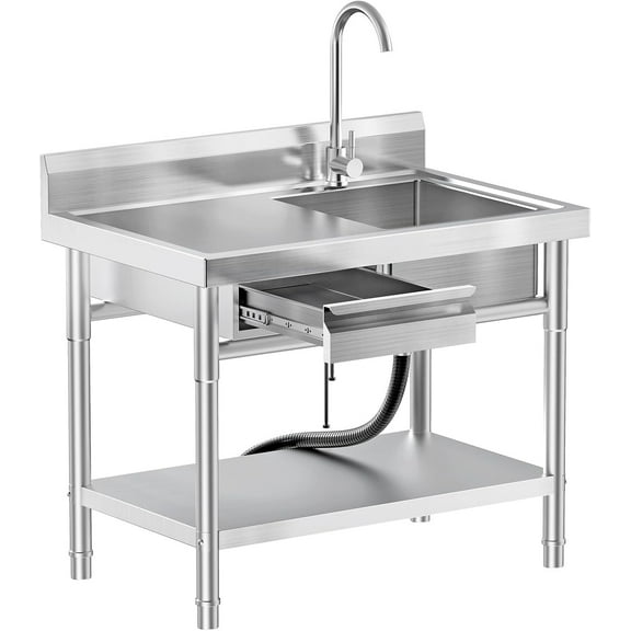 Stainless Steel Utility Sink Freestanding Single Bowl Laundry Sink with Workbench Drawers