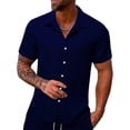 thumbnail image 3 of BLTIBY Mens 2 Pieces Outfits Texture Short Sleeve Button down Lapel Shirts and Drawstring Shorts Beach Sets with Pockets Navy 3XL, 3 of 4