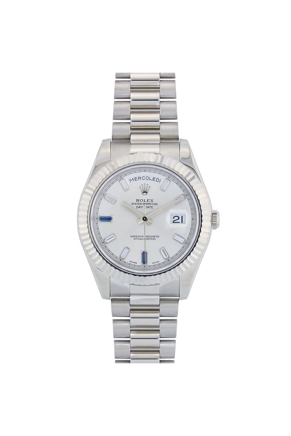 Pre-Owned Rolex Day-Date II 41MM 218239 White Baguette Diamond Dial Fluted Bezel 18K White Gold President Bracelet