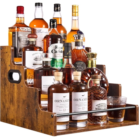 4-Tier Liquor Bottle Display Shelf, Mini Bar Cabinet, Rustic Bar Shelves for Liquor Whiskey, Spirits