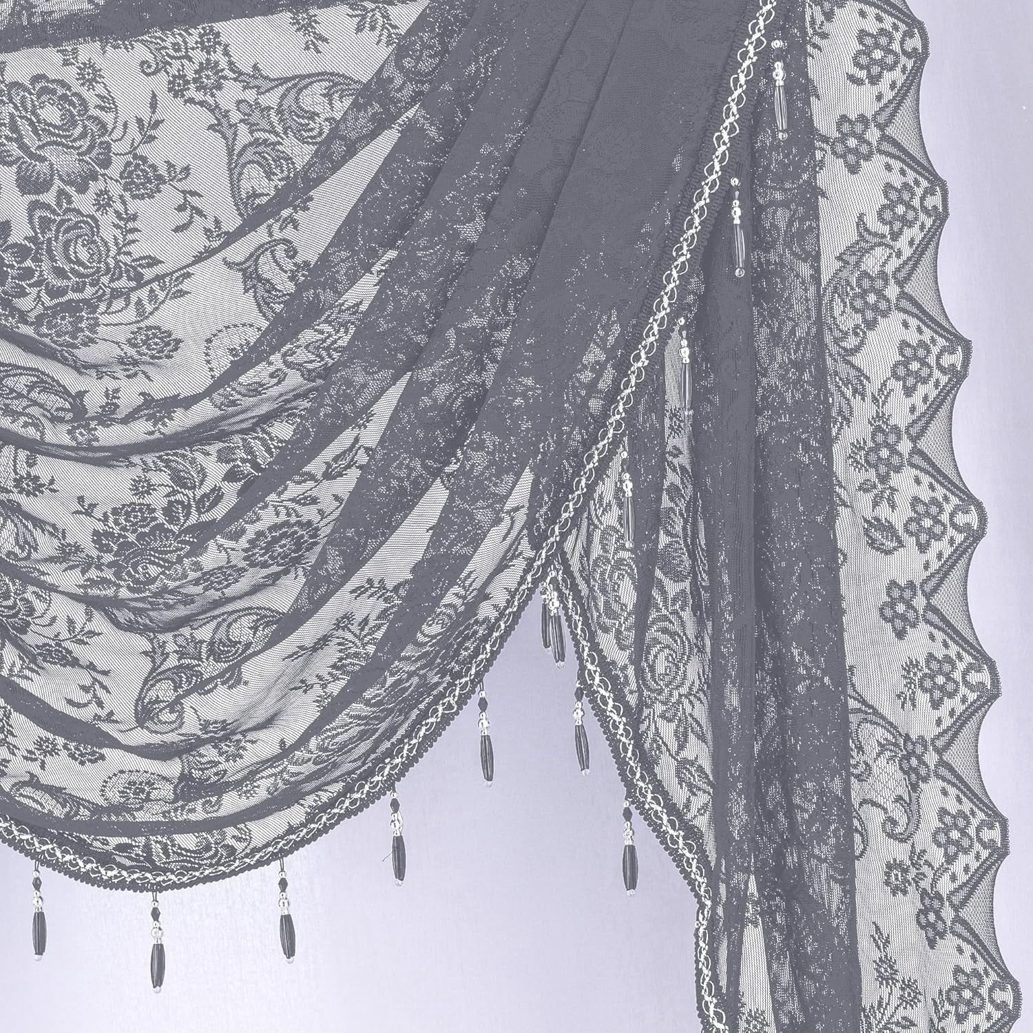 XmhyTop-A Grey Window Valance 250x105cm, 1 Piece Bead Tassels Floral Semi Sheer Rod Pocket Valance Curtains, Decorative Lace Valance for Home