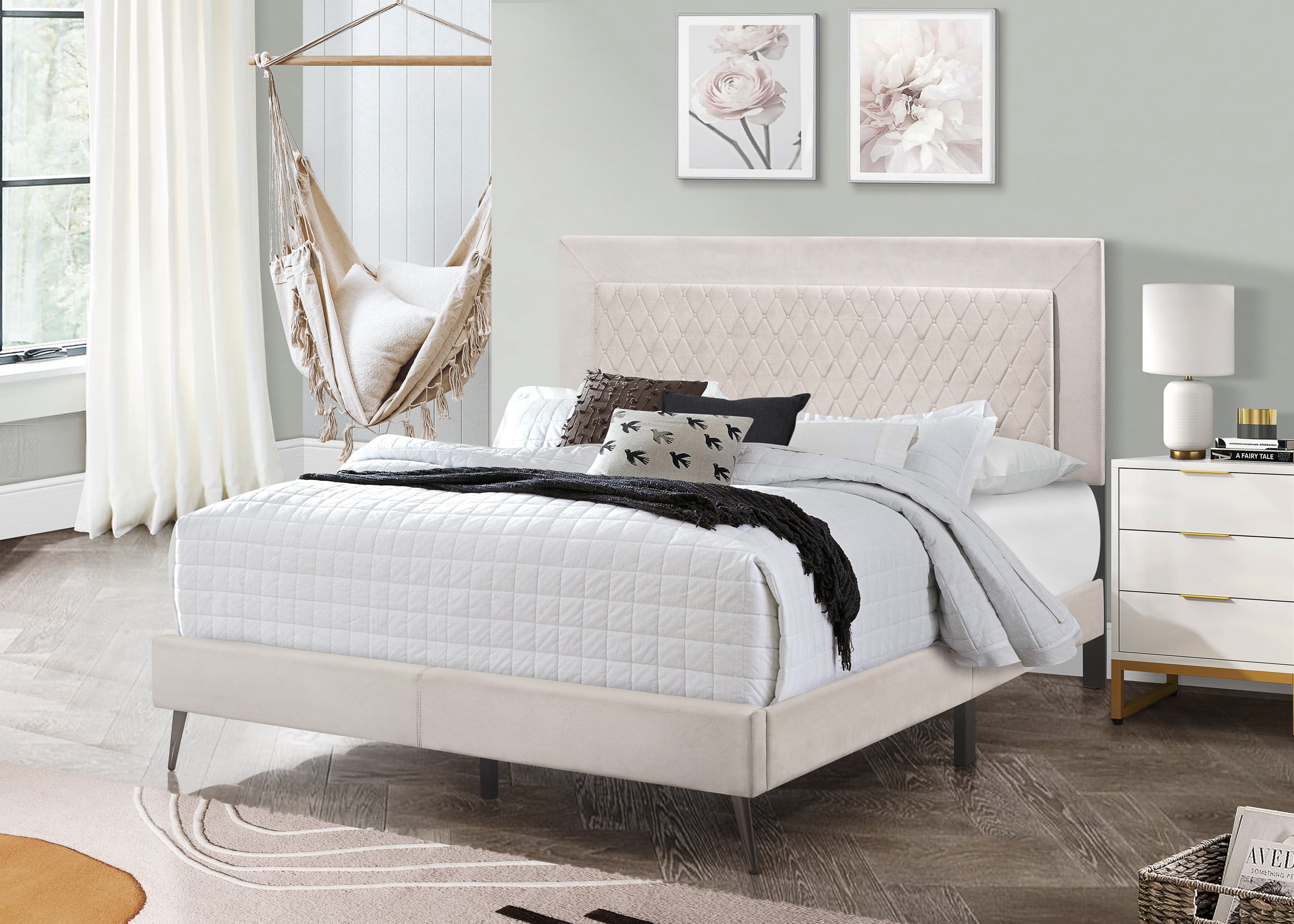 Home Design Lattice King Upholstered Panel Bed Frame, Velvet Upholstery, Foam-Padded Headboard, Light Gray, Easy Assembly
