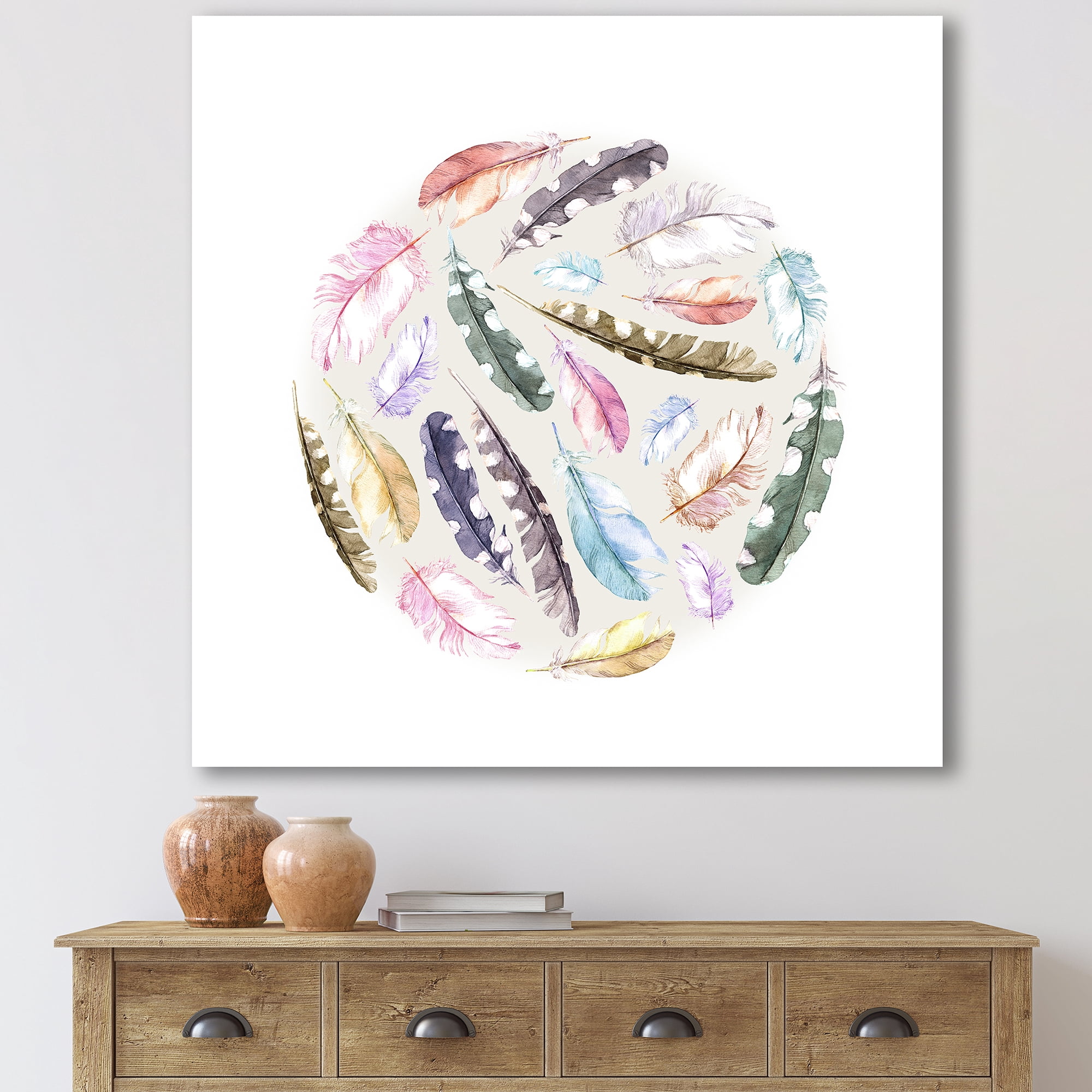 Designart ' Ancient Bird Feathers In Circle ' Traditional Canvas Wall Art Print