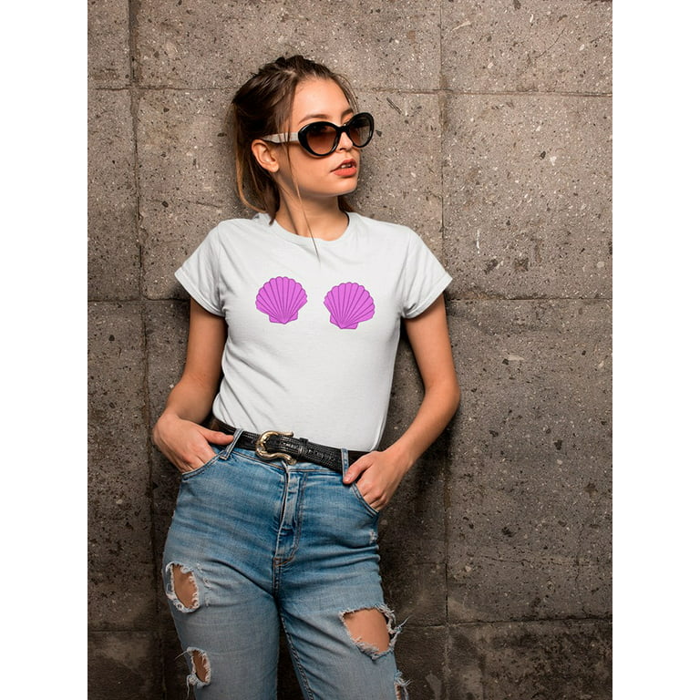 Purple Mermaid Shells As A Bra Graphic Women White T-Shirt, Female Medium 