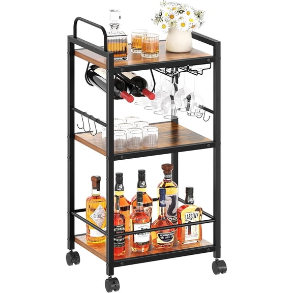 Bar Cart for The Home, 3 Tier Kitchen Carts with Wheels, Small Rolling Cart with Glass Holders, Wine Rack, Mini Bar Cart for Kitchen, Dining room, Living Room, 13.0"D x 17.0"W x 33.8"H, Rustic Brown