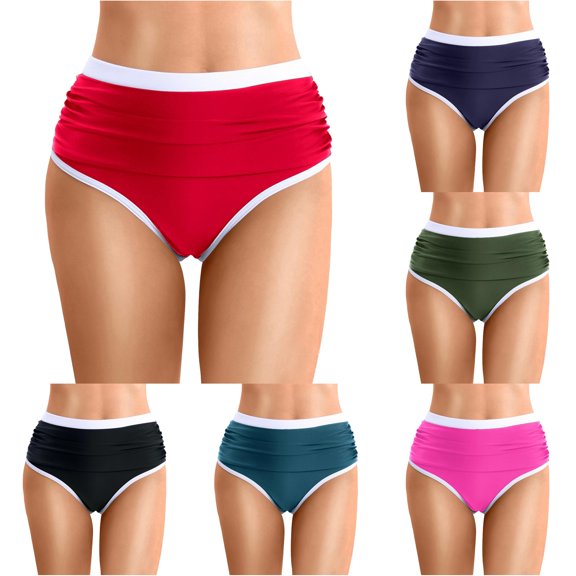 Krdevn Women's High Waist Ruched Bikini Bottoms High Cut Triangle Swimsuit Bottoms with Contrast ,5XL