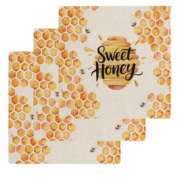Spring Honey Bee Kitchen Dish Towels for Drying Dishes Set of 3, Watercolor Bee Farmhouse Waffle Weave Microfiber Hand Tea Bathroom Towels Quick Dry & Absorbent Towel 12x12