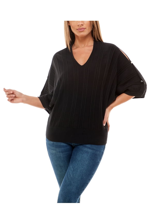 Womens V Neck Dolman Sleeve Ribbed Sweater Black S